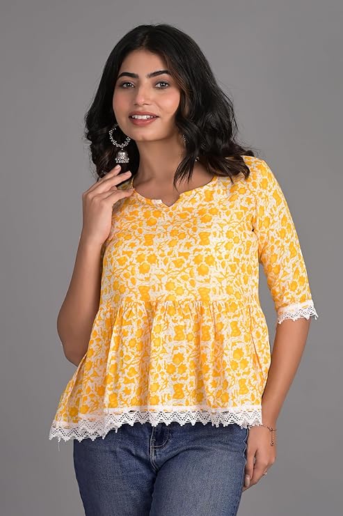 Women's Printed Anarkali Top Tunic Short Kurti Pink